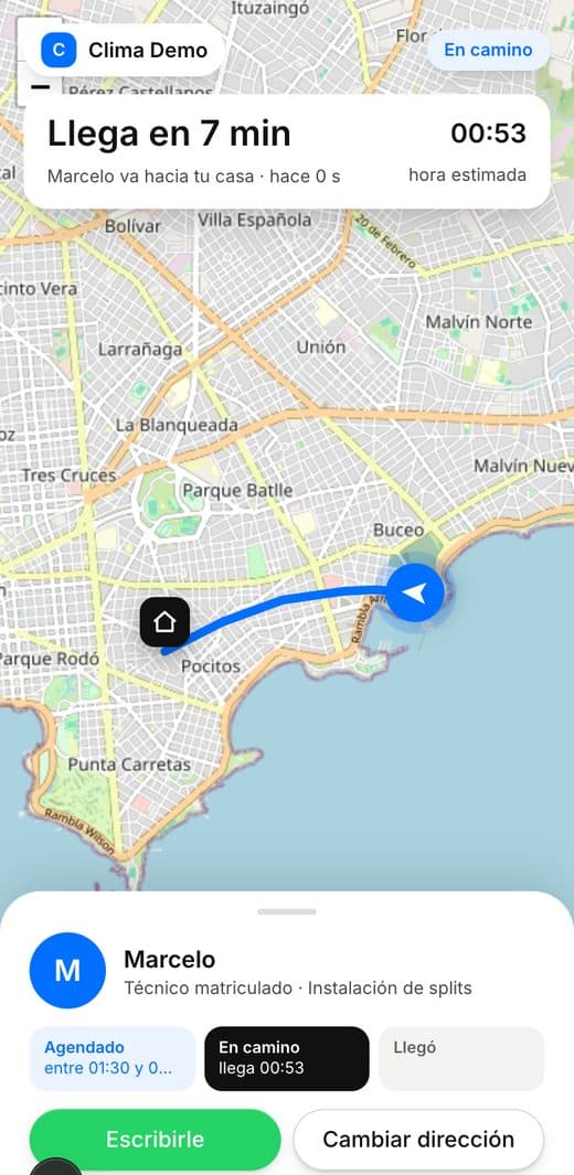 El vecino ve en el mapa por dónde viene el técnico y a qué hora llega